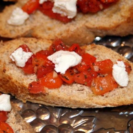 Roasted Red Pepper, Tomato and Goat Cheese Bruschetta