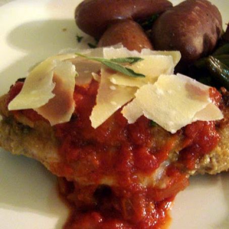Pan-fried Stuffed Pork Chops with Parmesan Curls and Marsala-Tomato Sauce