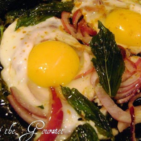Griddle Fried Eggs with Basil & Red Onion
