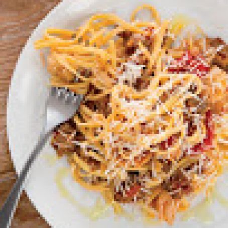 Fettuccine with Spicy Sausage and Cabbage Ribbons