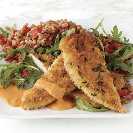 Chicken Cutlets with Cacciatore Farro Salad and Red Pepper Aïoli