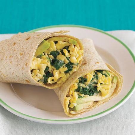 Spinach and Egg Breakfast Wrap with Avocado and Pepper Jack Cheese