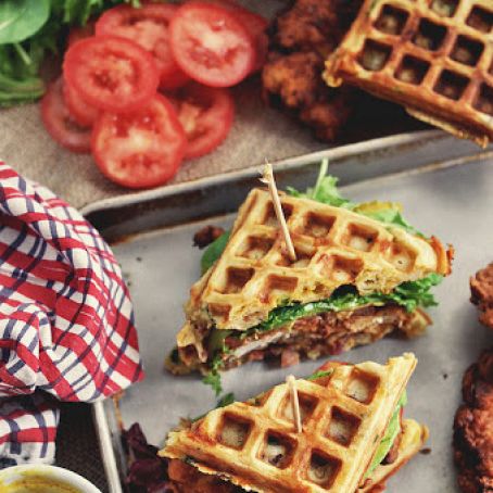 Fried Chicken Bacon Cheddar Green Onion Waffle Sandwiches