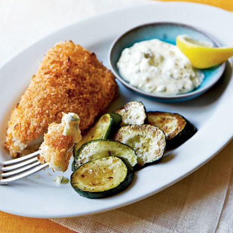 Crispy Fish with Lemon-Dill Sauce and Sauteed Zucchini