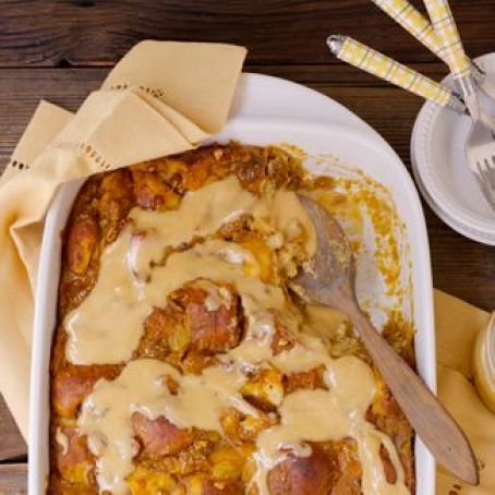 Pumpkin challah bread pudding w/hot buttered rum sauce