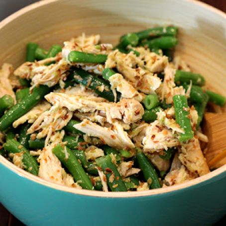 Green Bean, Shredded Chicken, and Toasted Coconut Salad with Jerk Dressing