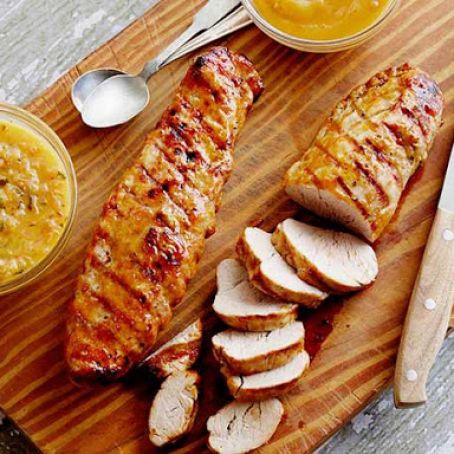 Grilled Pork Tenderloin a la Rodriguez with Guava Glaze and Orange-Habanero Mojo