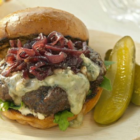 Burgers with red onion marmalade and Maytag Blue Cheese