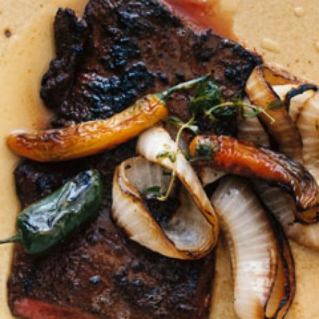 Barbecue-Spice-Rubbed Skirt Steak with Charred Onions and Jalapenos