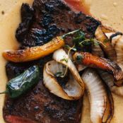 Barbecue-Spice-Rubbed Skirt Steak with Charred Onions and Jalapenos