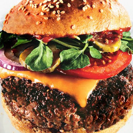Triple Beef Cheeseburgers with Spiced Ketchup & Red Vinegar Pickles ...